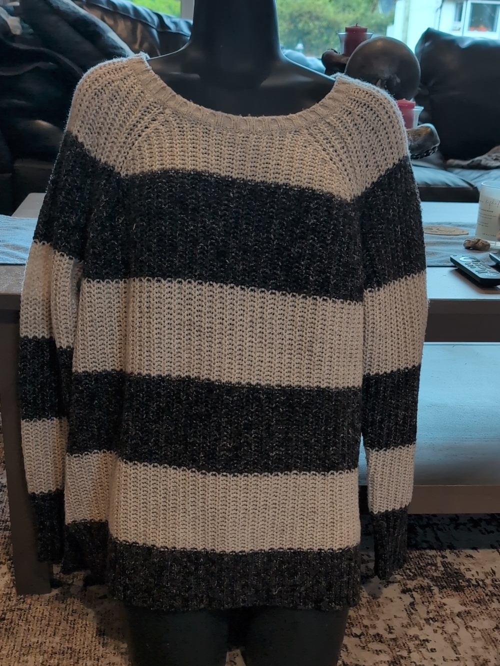 American Eagle Outfitters Black & Cream Striped Crewneck Sweater